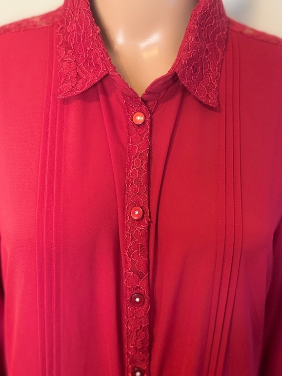 Lakshita Dresses & Skirts - Lace-Trim Vibrant Red Button-Down Dress
